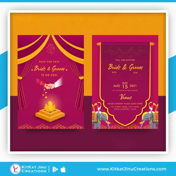Indian Wedding Invitation Card With Agnikund Pink Orange Color
