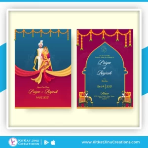 Indian Wedding Invitation Card With Couple Bluish Red Color