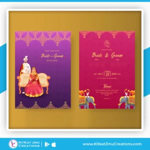 Indian Wedding Invitation Card With Hindu BrideGroom Purple Pink Color